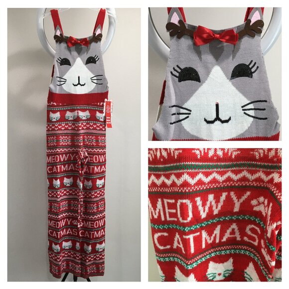 NWT EYESHADOW Meowy Catmas Cat Christmas Reindeer Antlers Applique Knit Overalls - Picture 1 of 16